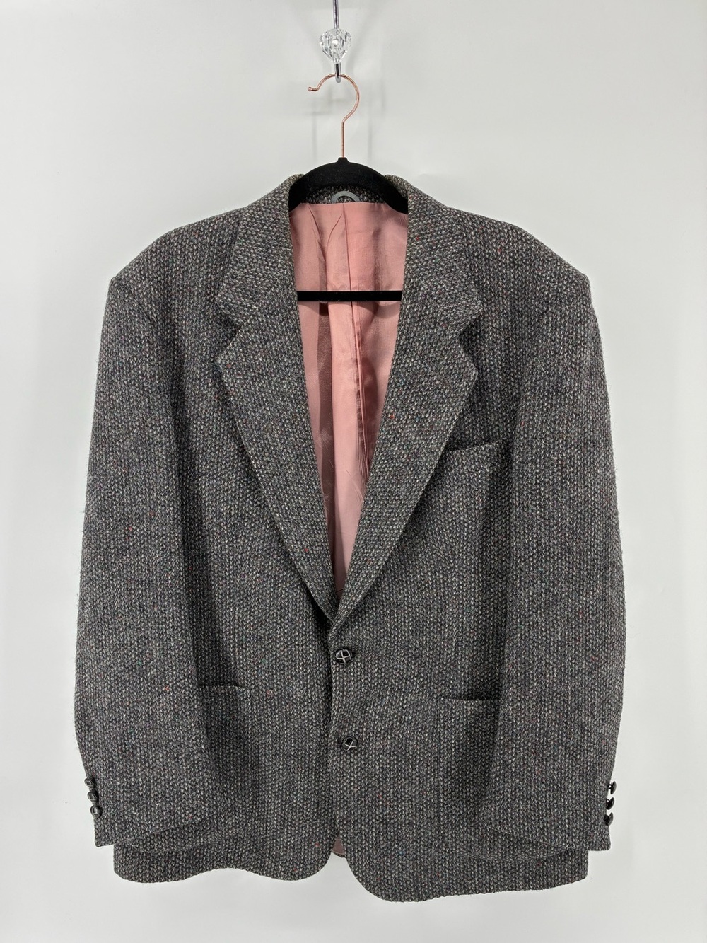 Vintage Harris Tweed 100% Wool Men's Classic Gray Blazer with Pink Lining